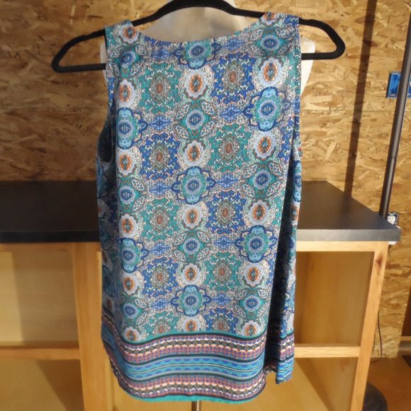 DR2 Boho Sleeveless Turquoise/Blue/Orange Medallion Print Inverted Pleat Size S - Picture 3 of 5